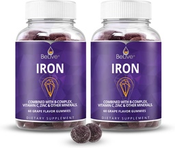 BeLive Iron Gummies - Multivitamin Iron Supplement med vitamin C, A, B & Zink, stöder blodsyre, Vegan Supplements för kvinnor, män och barn för tillväxt och utveckling - Grape smak | 2-pack
