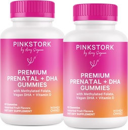 Pink Stork Premium Prenatal Gummy Vitaminer med DHA, Folate och vitamin D - 60 Vegan Gummies - 2 Pack