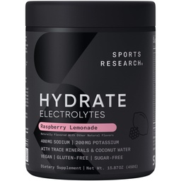 Sports Research® Hydrate Electrolytes Powder - Sugar-Free & Naturligt smaksatt med vitaminer, mineraler och kokosvatten - Stöder Hydration - Raspberry Lemonade - 90 portioner