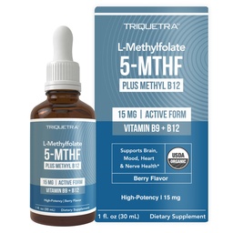 L Methyl Folate 15mg Plus Methyl B12 Cofactor - Organic Berry Flavor, High Potency Liquid Sublingual Active 5-MTHF Form - Stöder Mood, Methylation, Cognition - Bioaktiv Forms Vitamin B9 & B12 (1oz)