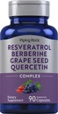 Piping Rock Resveratrol Berberine Grape Seed & Quercetin Complex | 90 kapslar | Vegetarisk, icke-GMO och Gluten fri tillägg