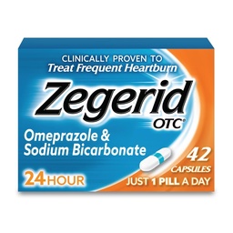 Zegerid OTC, 24-timmars Heartburn Relief, Acid Reflux Medicine och Antacid, behandlar Frequent Heartburn, Omeprazole 20mg + Sodium Bicarbonate, Proton Pump Inhibitor (PPI), 42 kapslar