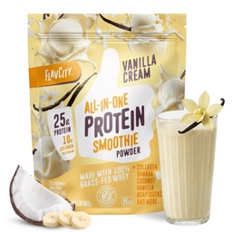FlavCity Vanilla Allt i en Protein Shake Powder - På Go Meal Alternative + Collagen Peptides, Reishi & Cordyceps - Focus, Skin, Hair & Joint Support - 100% Grass Fed Whey, 20 portioner