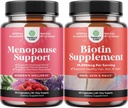 Bundle of Complete Herbal Menopause Supplement for Night Sweats & Mood med Dong Quai Vitex Chaste Berry & Black Cohosh och Pure Biotin Pills för Shiny Thick Hair Growth - Få klar hud starka naglar