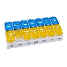 EZY DOSE Weekly AM / PM Pill Organizer, 7-dagars Vitamin och Medication Box med stora Pop-Out Compartments, 2 gånger per dag Pill Holder för enkel dosering, gula och blå lock, resevänlig design