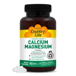 Country Life Target-Mins Calcium Magnesium Komplex 1000mg/500mg, 90 tabletter, Certified Gluten Free, Certified Vegan, Certified Non-GMO Verified