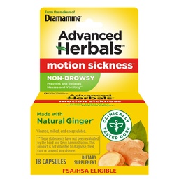 Från Makers of Dramamine, Advanced Herbals, Non-Drowsy, Motion Sickness Relief, Made with Natural Ginger, 18 Count