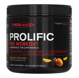 PEScience Prolific Pre Workout Powder för män och kvinnor med L-Citrulline Nitric Oxide Booster, Energy Powder & Nootropic för Focus - Preworkout utan Beta Alanine - 40 skopor, Mango Splash