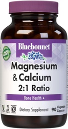 Bluebonnet Nutrition Magnesium & Calcium 2:1 Ratio, Bone Health *, Non-GMO, Vegan, Kosher Certified, Gluten-Free, Soy-Free, Dairy-Free, 90 Vegetabiliska kapslar, 30 portioner