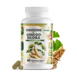 GreeNatr Ginko Biloba & Panax Ginseng Supplement - Red Ginseng Brain Supplement för minne och fokus - Ginkgo Biloba Supplements for Good Vision, Immune System and Improved Blood Flow - 60 tabletter