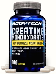 BodyTech Creatine Monohydrate Capsules, Micronized Creatine Formula for Men and Women, 2250 mg per Serving, Pre Workout & Post Workout Supplement, Gluten Free, Sugar Free, 100 Capsules