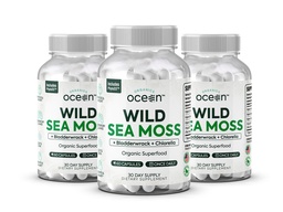 Organics Ocean Wild Sea Moss Capsules - 100% Organic Irish Sea Moss med Organic Chlorella, Bladderwrack och vitamin D för energi, Lung Health och Thyroid Support för kvinnor och män - 3 flaskor