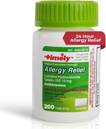 TIME-CAP LABS, INC. Timely Cetirizine HCl 10 Mg 200 tabletter - 24 timmars allergilindring från Sneezing, Runny Nose, Itchy Watery Eyes, Itchy Throat, Nose - Inomhus och utomhusallergimedicin