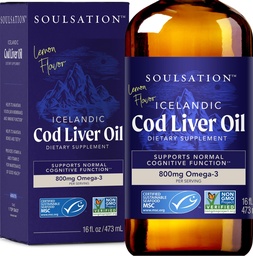 Icelandic Cod Liver Oil Liquid, Lemon (16oz) - Vitaminer A & D, EPA & DHA - Hjälper Vision, Skin Membranes & Immune Function - MSC Certified, Non-GMO