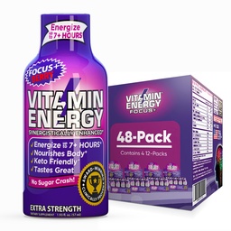 Vitamin Energy Focus+ Extra Strength Energy Shot Berry 48 Pack, 260mg Natural Caffeine, B-Vitaminer, CoQ10, Aminosyror, Fokus, Produktivitet & Clarity, Zero Sugar, Gluten-Free, 1,93 fl oz