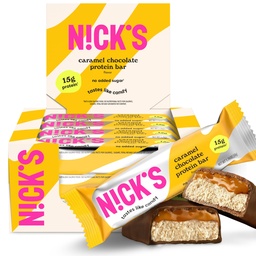 Nicks Chocolate Caramel Protein Bars - 12-Count Box | High Protein, Low Calories, Low Carbs, Keto Friendly, No Added Sugar