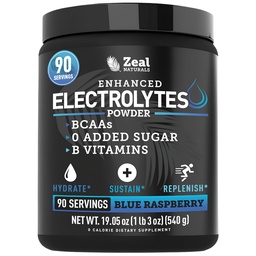 Zeal Naturals Electrolyte Powder Recovery Drink (90 portioner | Blue Raspberry) w 0 Sugar +BCAAs +B-Vitamins Electrolyte Supplement w Potassium Zinc & Magnesium för Hydration - Keto Electrolytes