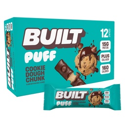 Byggd Bar, Puff Protein Bars, Cookie Dough Chunk Puff, 15g Protein Snacks, On-The-Go Bars, Endast 160 kalorier, 8g Sugar, Collagen, Inte Gluten Free, 12 Count