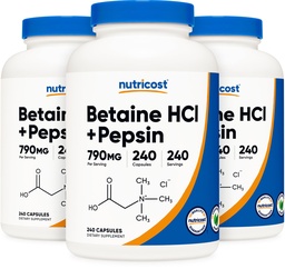 Nutricost Betaine HCl + Pepsin 790mg, 240 kapslar, 3 flaskor (720 kapslar)