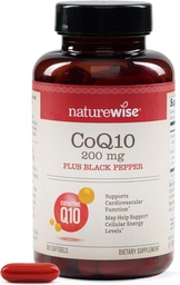NatureWise CoQ10 200mg + Black Pepper Softgels - High Absorption Coenzyme Q10 + Black Pepper - Antioxidant för hjärthälsa + cellulär energi - Vegan, icke-GMO, Glutenfri - 90 greve[90-dagars leverans]