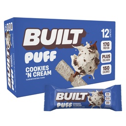 Byggd Bar, Puff Protein Bars, Cookies "N Cream Puff, 17g Protein Snacks, On-The-Go Bars, Endast 140 kalorier, 7g socker, Collagen, inte Gluten Free, 12 Count