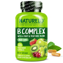 NATURELO Vitamin B Complex,120 Capsules, Vegan, CoQ10, Methyl Folate, Biotin, Fruit & Veg Blend, stöder energi och hälsosam stressrespons, Super B Complex Vitaminer för kvinnor och män