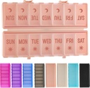 Foldable Pill Organizer 2 Times a Day w / Etched Labels -Dual Protection & Portable Weekly AM PM Pill Box, 7 Day Medicine Container, Large Travel Pill Case for Week Daily Supplement Vitamin - Rosa