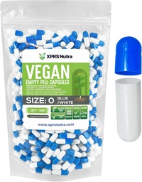 XPRS Nutra Size 0 Tomma kapslar - 500 greve Empty Vegan Capsules - Vegetariska piller - DIY Vegetabilisk kapselfyllning - Veggie Pill Caps för Do-It-Yourself Supplements (Blue / White)