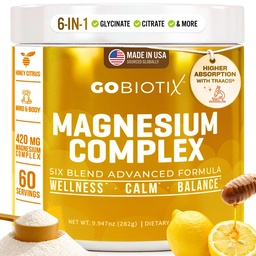 GoBiotix Magnesium Glycinate Powder - Cortisol Supplements for Women and Men - High Absorption Magnesium Complex Calm Supplement med Citrate, Malate - Sugar Free - 420 mg, 60 portioner - Honung Citrus