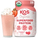 KOS Vegan Protein Powder, jordgubbar & Cream USDA Organic - Low Carb Pea Protein Blend, Plant Based Superfood med vitaminer och mineraler, Gluten Free - Meal Replacement för kvinnor och män - 28 portioner