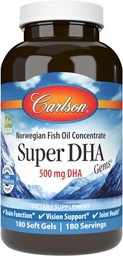 Carlson - Super DHA Gems, 500 mg DHA Supplements, 640 mg Fatty Acids, Wild-Caught Norwegian Arctic Omega 3 Fish Oil Supplement, Hållbart Sourced Fish Oil Capsules, 180 Softgels