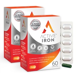Active Iron Supplement 25mg - Kliniskt bevisad för att öka järn- och energinivåer - Gentle, icke-konstiperande, högt absorberad - 120 kapslar