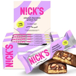 Nicks Protein Bars Chocolate | High Protein | Lowcalories | Low Carb Keto Friendly Snacks No Added Sugar (Multipack 12 barer x 50g) (12 greve av 1), Almond Chocolate)
