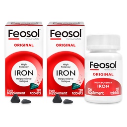 Feosol Original Iron Supplement Tablets, non-heme 325mg Ferrous Sulfate (65mg Elemental Iron) per Pill, 1 per dag, 4 månaders leverans, för energi och immunsystemsupport (120 ct Pack 2)