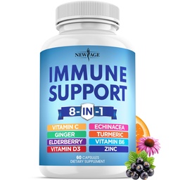 NEW AGE 8 i 1 Immune Support Booster Supplement med Echinacea, Vitamin C och Zink 50mg, Vitamin D 5000 IE, Turmeric Curcumin & Ginger, B6, Elderberry 60 Count (Pack av 1)