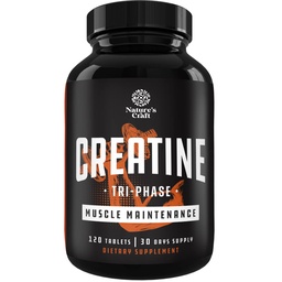 Natures Craft High Strength Tri Fase Creatine tabletter för kvinnor och män - Formel Blend of Creatine Monohydrate, 300mg HCL & Pyruvate Supplement - Muscle Mass Gain & Recovery Supplement - 120 tabletter