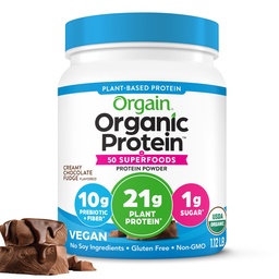 Orgain Organic Vegan Protein + 50 Superfoods Powder, Creamy Chocolate Fudge - 21g Plant Based Protein, 10g Prebiotic Fiber, No Lactose Ingredients, Gluten Free, No Added Sugar, Non-GMO, 1,12 lb