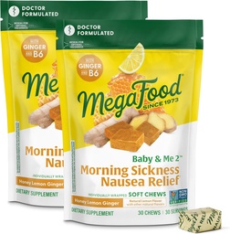 MegaFood Baby & Me Prenatal Morning Sickness Relief, Ginger Chews, med vitamin B6, Made Without 9 Food Allergens, Honey Lemon Ginger Smak, 30 Chews (Pack of 2)