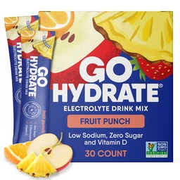 GoHydrate Instant Hydration Powder Packets - Low Sodium Electrolytes Drink Mix - Natural Hydration Support, Sugar Free Electrolyte smaksatt pulverdryck med vitamin D, 30 Packs, Fruit Punch