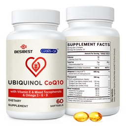 Besibest Ubiquinol CoQ10-600mg-Softgel, Active Coq10 Ubiquinol Supplement med vitamin E & Omega 3, 6, 9, High Absorption-Coenzyme-Q10, kraftfull antioxidant för energiproduktion, testad, 60 greve