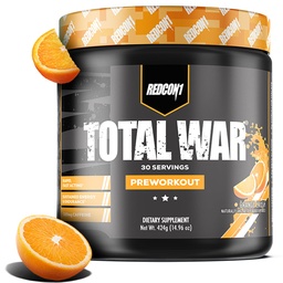 REDCON1 Total War Pre Workout, Orange Crush - Innehåller 320mg koffein från grönt te, Juniper & Beta Alanine - Pre Work Out med aminosyror för att öka pumpen, energi + uthållighet (30 portioner)