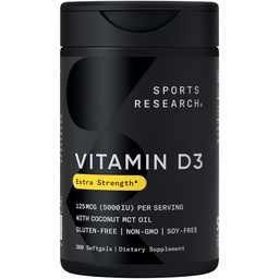 Sports Research® Vitamin D3 w/Coconut MCT Oil - High Potency Vitamin D3 5000iu (125mcg) Supplement för Immune & Bone Support - Seed Oil Free - Non-GMO - Gluten Free (360 Liquid Softgels)