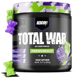 Total War Pre Workout, Sour Gummy Bear - Fast Acting Caffeinated Preworkout för män + kvinnor med Beta Alanine - Innehåller Citrulline Malate för ökad pump, blodflöde (30 portioner)