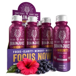 BrainJuice Brain och Immune Support Shot, Gluten Free Supplement Shots for Energy, Focus, Immunity with Vitamin D, C B, Alpha GPC & Organic Ginger Root, Huckleberry Hibiscus, 2,5 fl oz, 12 Pack