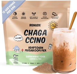 Renude Chagaccino - Chaga Mushroom Powder, Mushroom Coffee Drink Mix med adaptogener, naturlig energi och immunstöd, Vegan, Keto, Zero Calorie Mushroom Blend Powder - 15 portioner