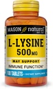 MASON NATURAL L-Lysin 500 mg med Calcium - Förbättrad immunfunktion, Förbättrad näringsabsorption, Essential Amino Acid, 100 tabletter