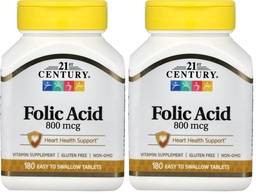 21st Century 800 mcg Folic Acid tabletter, Assorted, 180 greve (Pack of 2)
