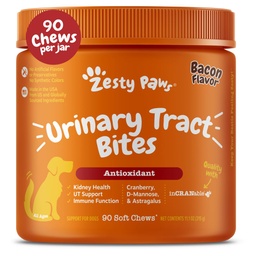 Zesty Paws Cranberry Supplement för hundar - Bladderkontroll för hundar - Urinary Tract Support - Cranberry Chews med D-Mannose, Vitamin B6 & L-Arginine - Immune & Gut Support - Bacon - 90 Count