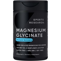 Sports Research® Magnesium Glycinate - Stöder Restful Sleep & Enzymatic Processes - 160 mg Chelated Magnesium - Liquid Softgel - 60 Count