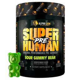 ALPHA LION Superhuman Pre Workout Powder, Beta Alanine, L-Taurine & Tri-Source koffein för hållbar energi och fokus, Nitric Oxide & Citrulline för Pump (21 portioner, Sour Gummy Bear Flavor)